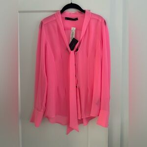 Patterson J. Kincaid Hot Pink Tie Neck Sheer Blouse Top Size Small